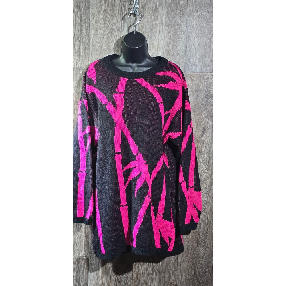 Jamknits Vintage 80s Sweater Pink Black Bamboo‎ Print Acrylic Knit Made in USA S